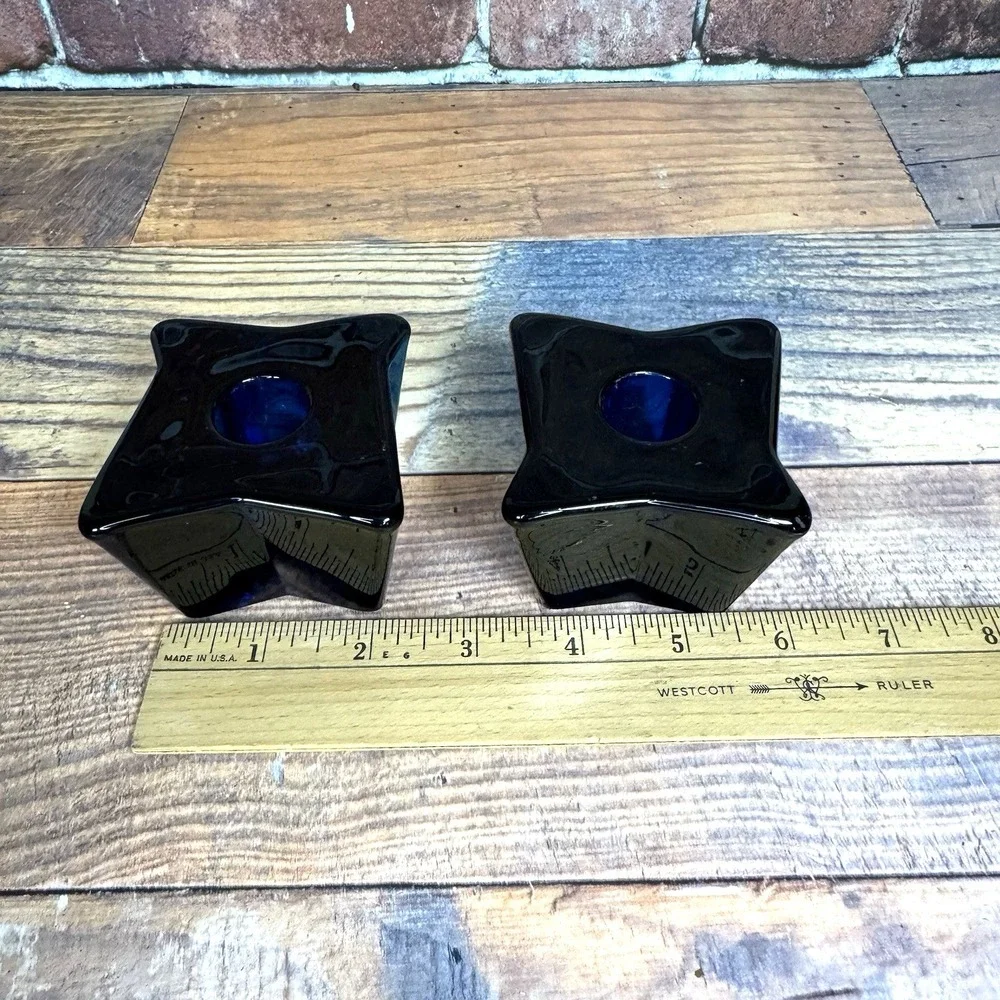 Viking Glass Bluenique Cobalt Blue ASTRA Four-Pointed Candle Holder Pair Set MCM